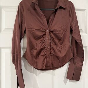 Abercrombie & Fitch Brown Ruched Long Sleeve Button Down Shirt